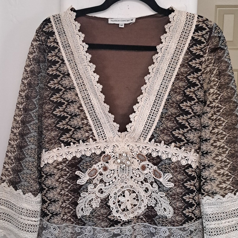 Passion Concept Brown and Cream Lace Tunic Blouse with V-Neck and 3/4 Sleeves - Picture 5 of 14